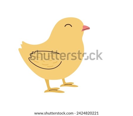 Hand drawn cute standing small yellow Chick. Flat vector spring Easter design in colored Doodle style. Kawaii Chicken bird nestling icon or print. Isolated on background.