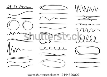 Hand drawn collection of different diary scribble Lines and elements. Marker pen Underline and strikethrough Editable strokes for Note book. Swift crossed and wavy highlight markers for scribbling pad