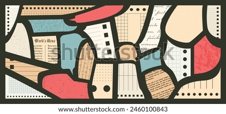 Paper Cut elements set for Collage. Pieces of retro Newspaper with vintage text made with scissors. Clipped Sheets of abstract Notebook with smooth sharp corners. Trendy grunge shapes for scrapbook