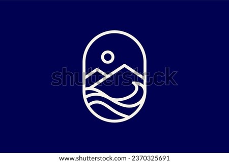 Abstract line art logo of mountains and sea waves with sun.