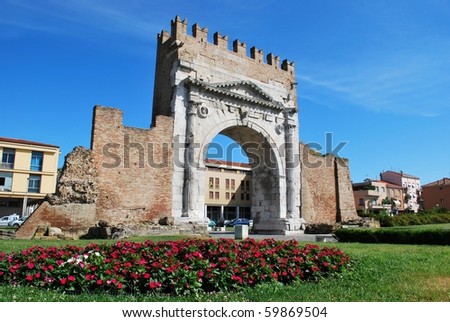 Augustus\' triumph arch, historical famous roman landmark, Rimini, Italy
