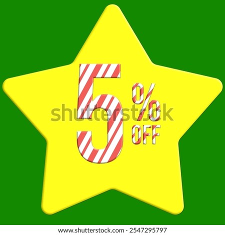 5% off Christmas candy cane effect, with yellow star and green background