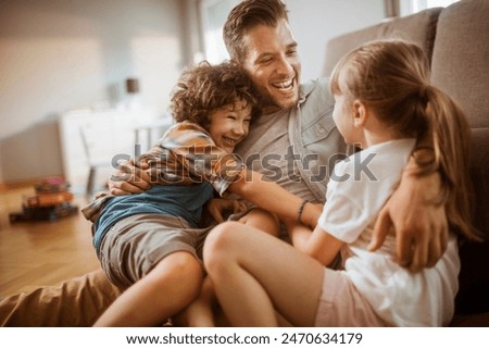 Similar – Image, Stock Photo happy father and daughter walking on summer meadow, having fun and playing. Father’s day, fatherhood concept. Rural living.