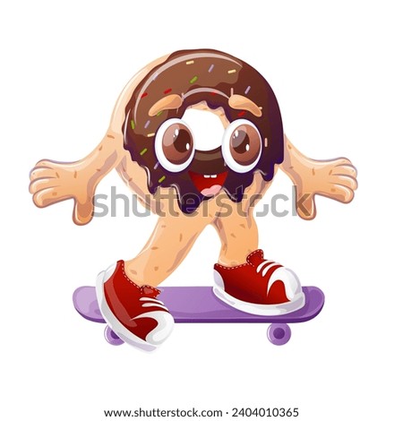 Chocolate donut on a skateboard. Dessert. Fun character. Retro cartoon vector illustration for print, banner, menu for cafe, restaurant, bar. Vector illustration