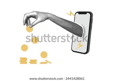 Trendy halftone collage Hand with coins. Stacks of coins.Payment concept. Financial planning. Saving money. Making money and getting paid. Abstract pattern.