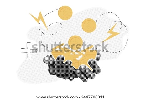 Trendy halftone collage of hands with coins. Stacks of coins. Vector illustration of money, finance, banking, profit, investment.Financial planning. Saving money. Vector illustration