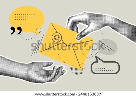 Trendy halftone hand drawn collage of business concept. Illustration of e-mail marketing, mailing list, contacts. Vector illustration of business, contract approval, finance, marketing material.