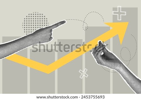 Art collage of business growth concept . Half tones of hands raising a graph with an upward arrow. Teamwork, work efficiency, partnership concept. Trendy modern retro vector illustration 