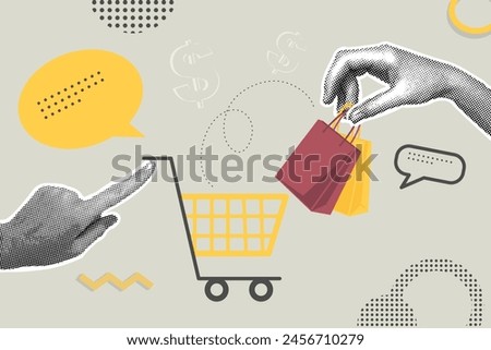 Trendy halftone collage of business concept in retro style. Shopping cart and hands with shopping.Vector illustration of sales, increase sales,financial profit, global strategy. Creative concept for