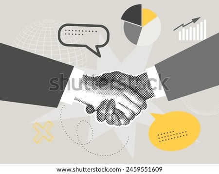 Trendy halftone collage of business concept. Vector illustration of partnership, agreement, contract signing, business growth, global strategy. Creative concept for web banner, social media banner