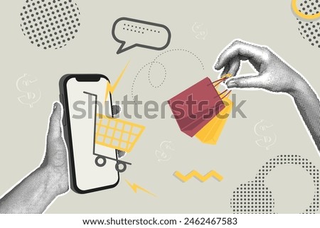 Trendy halftone business concept collage. Retro style vector illustration of online sales, sales, sales increase, financial profit, global strategy. Creative concept for web banner, social media