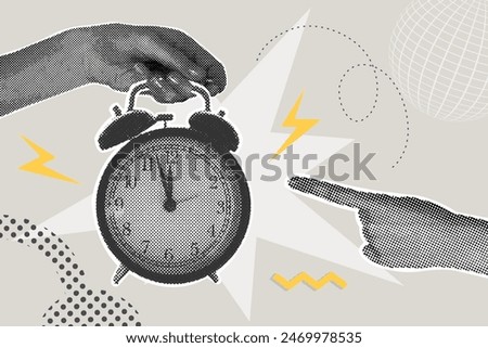 Trendy halftone collage. A hand holds a ringing alarm clock. Time, hurry up. Vector business concepts for graphic and web design, marketing and print materials, social media.