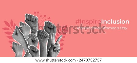 Trendy halftone collage. Horizontal banner. Concept of female power, feminism, equality, tolerance. Women raised fists, protesting. Cartoon flat vector illustration