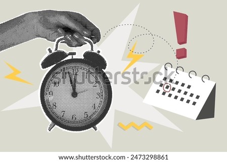 Trendy halftone collage. A hand holds a ringing alarm clock. Reminder on calendar. Vector business concepts for graphic and web design, marketing and print materials, social media.