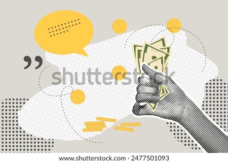 Fashionable halftones collage business concept. Concept of saving, saving, saving, collecting money. Trendy modern retro illustration on financial theme. Vector illustration of business