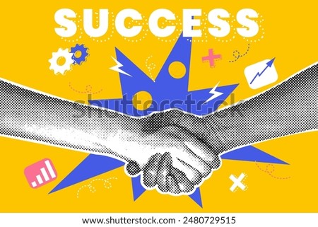 Fashionable halftones collage business concept. Contracting concept, contracting, favorable terms and conditions. Trendy modern retro illustration on business theme. Business concept, teamwork