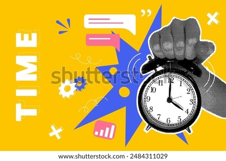 Trendy halftone collage. Alarm clock in hand, growth time, success concept.Business concept, achievement, success,career takeoff.Business concept, concept of banner with sale. Vector illustration