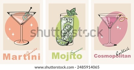 Set of posters with cocktails in retro style. Alcoholic drinks in glasses. Martini, Mojito and Cosmopolitan. Minimalistic modern vertical print. Flat illustration