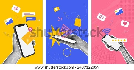 Set of 3 trendy halftone business concept collages. Concept of shopping, sales, wifi usage, online payment, phone usage. Trendy modern retro illustration in bright trendy colors. Business concept