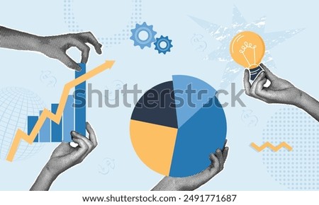 Trendy halftone collage. Concept of process implementation, work integration, Improve execution and optimize management. Application and activation of innovation in manufacturing business