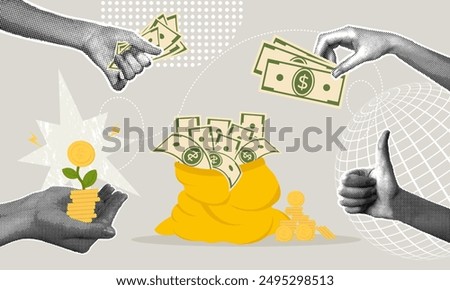 Fashionable halftone collage. Concept of wealth, saving, saving and saving money. Money bag with dollar stacks and stacks of coins. Vector illustration of business and finance for web banner, social