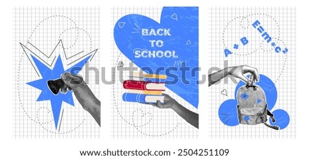 Back to School Poster Set. Trendy halftone collage, textbooks, school backpack, bell, scribbles on checkered background. Concept of learning, knowledge. Vector illustration