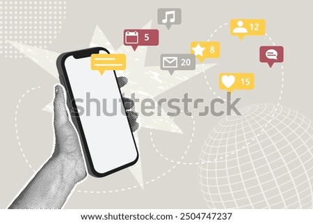 Contemporary halftone collage. Concept of mobile apps and services, online communication, social media,rating.Business creative illustrat. Vector illustration