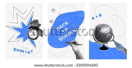 Back to School Poster Set. Trendy halftone collage, alarm clock, globe, magnifying glass, scribbles on checkered background. Concept of learning, knowledge. Vector illustration