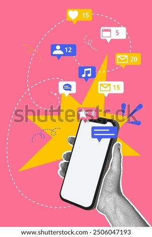 Contemporary halftone collage.Concept of mobile apps and services,online communication,social media,rating.Business creative illustration for web banner,social media post,business presentation.Vector 