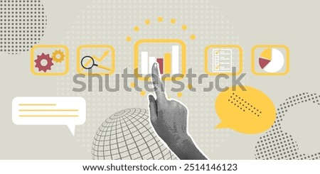 Trendy halftone collage.Concept of analytics,global strategy,teamwork,sales growth,business growth,production growth. Illustration for web banner, social media banner, business presentation