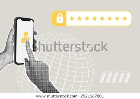 Modern halftone collage. Cybersecurity Concept. Person uses smartphone, laptop, computer to enter login and password to protect data and secure internet access. Business creative illustration for web