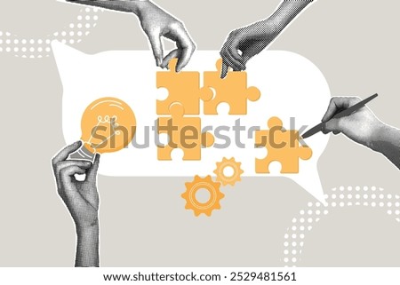 Contemporary halftone collage. Concept of solving a problem, suggesting an idea, suggesting a missing piece to solve a problem, counseling. Hand suggesting a missing piece to complete the puzzle