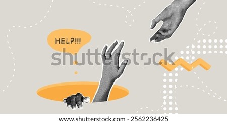 Fashionable halftone collage. The concept of success, life stability, a request for help, a helping hand that helps to overcome adversity. The hand pulls out of the pit of failures. A trendy retro