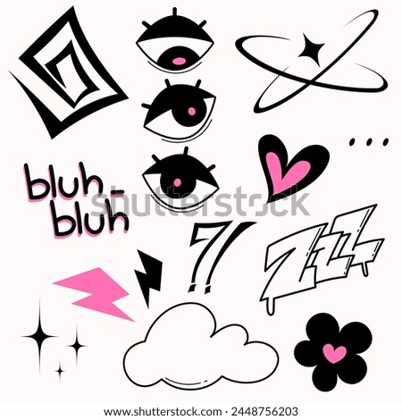 Black and white vector illustration with various gothic and alt icons. Eyes, hearts, stars, pink

