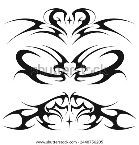 Black and white vector illustration with various gothic and alt patterns. Heart, curls, lines

