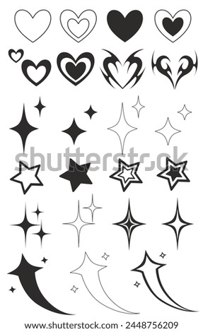 Black and white vector illustration with various icons in gothic and alt styles. Hearts, stars, sparkles
