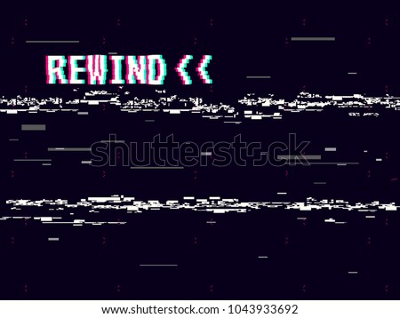 Rewind glitch background. Retro VHS template for design. Glitched lines noise. Pixel art 8 bit style. Vector illustration.