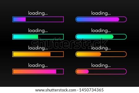 Loading bar set on dark backdrop. Progress visualization. Color gradient lines. Loading status collection. Web design elements on black background. Vector illustration.