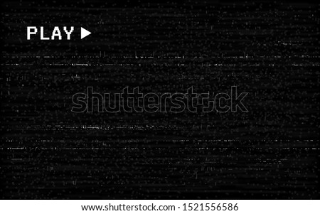 Glitch VHS effect. Old camera template. White horizontal lines on black background. Video rewind texture. No signal concept. Random abstract distortions. Vector illustration.