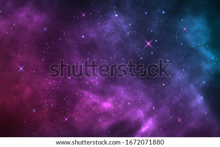 Space background. Realistic starry night. Cosmos and shining stars. Milky way and stardust. Color galaxy with nebula. Magic Infinite universe. Vector illustration.