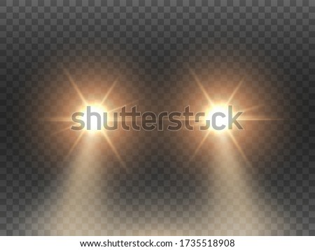 Car lights effect on transparent backdrop. Isolated yellow headlights. Realistic automobile flares. Bright car beams concept. Rays on road. Vector illustration.