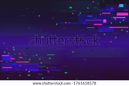 Glitch futuristic background. Random color shapes. Digital noise effect. Data disintegration. Broken pixel screen. Distorted stream of elements. Vector illustration.