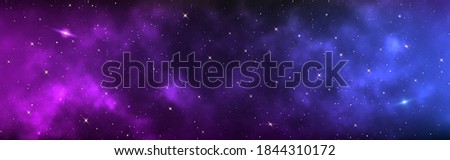Space background wide. Realistic cosmos with shining stars. Long banner with starry milky way. Magic stardust galaxy. Color universe and purple nebula. Vector illustration.