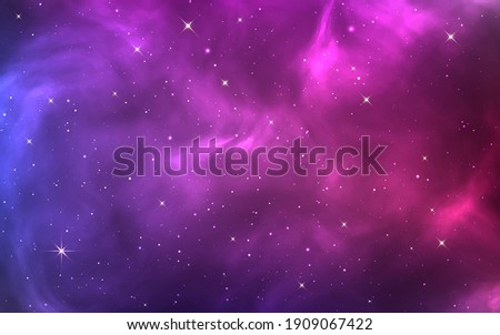 Space background. Bright purple cosmos. Magic stardust and shining stars. Colorful nebula and milky way. Realistic blue galaxy. Beautiful outer space. Starry universe. Vector illustration.