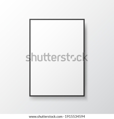 Poster mockup frame. White blank on light wall. Photo template with black frame. Isolated painting with soft shadow. Empty sheet close up. Vector illustration.
