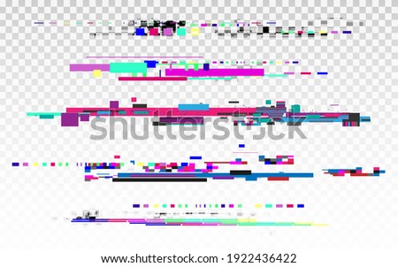 Glitch set with color elements. Digital abstract shapes. Random pixel elements. Modern cyberpunk broken effect. Data noise texture. Vector illustration.