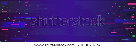 Glitch pixel backdrop. Data noise wide banner. Disintegration effect with color pixels. Digital abstract distortion and lines. Cyberpunk screen effect. Vector illustration.