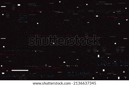 Glitch video distortion. Digital noise template. Random white lines and shapes. Video signal problem. Futuristic distorted background with noise. Vector illustration.