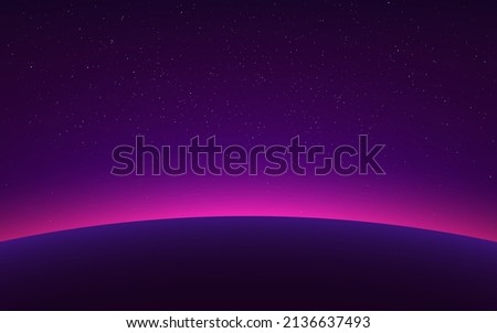 Planet sunrise in space. Horizon with light. Sun eclipse effect. Starry backdrop with earth orbit. Big planet with shining stars. Universe with constellations. Vector illustration.