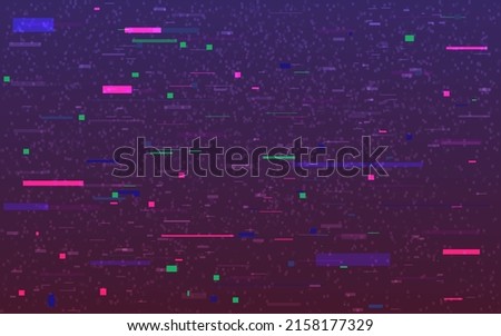 Glitch color pixels. Cyberpunk digital texture. Disintegration video effect. Abstract color distortions and shapes. Static broken signal. Vector illustration.